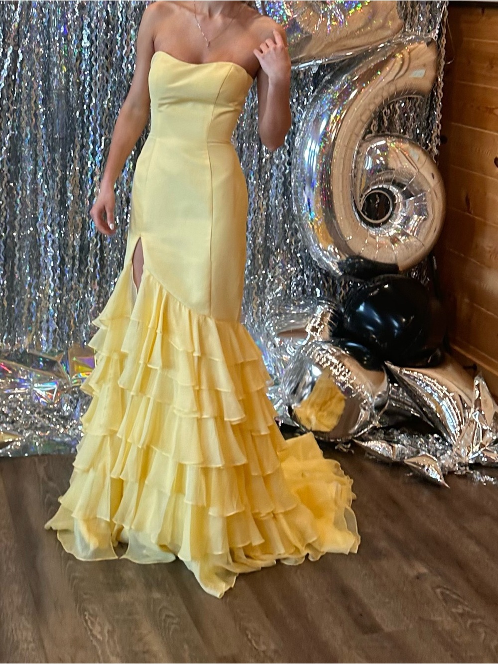 Sherri Hill Strapless Pale Yellow Ruffle Mermaid Gown